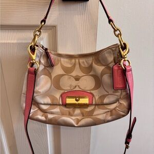 Coach Beige and Pink Shoulder Bag with Gold Accents
